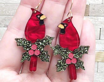 Cute Cardinal Holly Acrylic Earrings: Fun Ugly Sweater Christmas Earrings Unique Holiday Statement Jewelry Handmade Friend Gift for Her