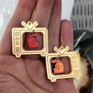Fun Cat TV Novelty Acrylic Earrings | Funny Weird Cats Statement Earrings | Unique Handmade Laser Cut Birthday Gift | Gift for Her