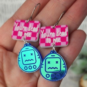 Y2K Acrylic Earrings: Funny &#39;Dead to Me&#39; Tamagotchi Statement Earrings