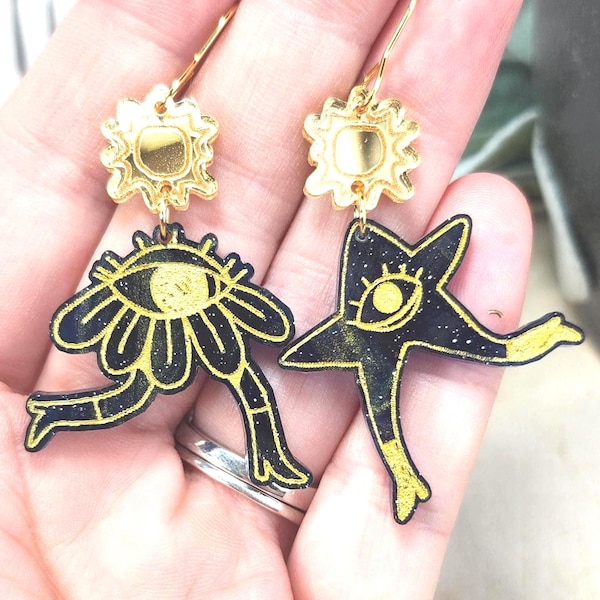 Weird Star Flower Acrylic Earrings: Funky Blue Gold Celestial Laser Cut Jewelry Gift