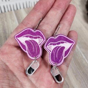 Funky Acrylic Mouth & Pill Dangle Earrings: Laser Cut Novelty Jewelry