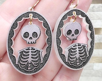 Pastel Goth Skeleton Dangle Earrings: Acrylic Spooky Jewelry