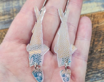 Weird Iridescent Anchovy Acrylic Earrings | Funky Whimsical Laser Cut Fish Earrings | Handmade Unique Laser Engraved Fisherman Aesthetic