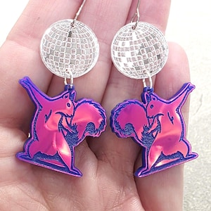 Funny Disco Squirrel Acrylic Earrings Iridescent Ball Statement Jewelry Handmade Gift for Her
