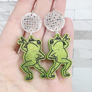 Quirky Disco Frog Acrylic Earrings: Funky Retro Statement Jewelry Gift for Her