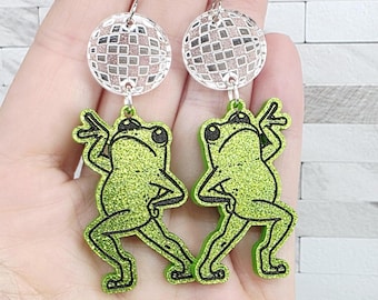 Quirky Disco Frog Acrylic Earrings: Funky Retro Statement Jewelry Gift for Her