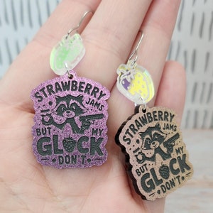 Funny Raccoon Glock Acrylic Earrings | Weird Rude Earrings Strawberry Statement Earrings | Cute Fun Handmade Earrings Birthday Gift for Her