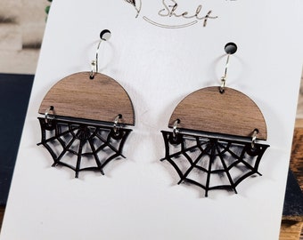Handmade Acrylic Wooden Halloween Spiderweb Earrings | Gothic Laser Engraved Spider Web Earrings | Cute Goth Witchy Fall Laser Cut Earrings|