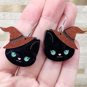 Witch Cat Acrylic Earrings: Spooky Halloween Statement Jewelry