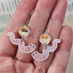 Cute Worms Acrylic Earrings | Funny Laser Cut Kawaii Fishing Statement Earrings | Whimsical Quirky Handmade Laser Engraved Gift for Her