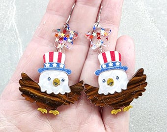 Fun Bald Eagle 4th of July Acrylic Earrings: Patriotic American Independence Day Maximalist Jewelry Gift for Her