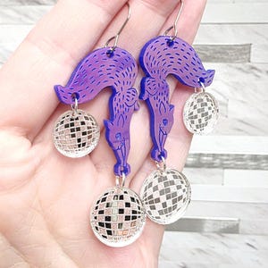 Funny Disco Squirrel Acrylic Earrings: Iridescent Disco Ball Statement Jewelry