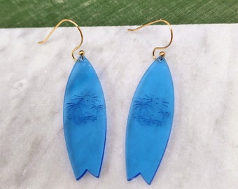 Handmade Acrylic Surfboard Earrings |Laser Engraved Blue Summer Beach Earrings|Colorful Quirky Statement Laser Cut Earrings|Cute Bestie Gift