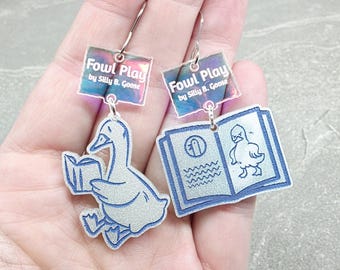 Funny Goose Book Acrylic Earrings: Animal Bookish Statement Jewelry