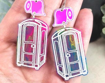 Rainbow Porta Potty Acrylic Earrings: Fun Quirky Gift