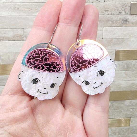 Weird Kewpie Brain Acrylic Earrings: Fun Halloween Oddities Funny Quirky Kitschy Retro Handmade Gift for Her