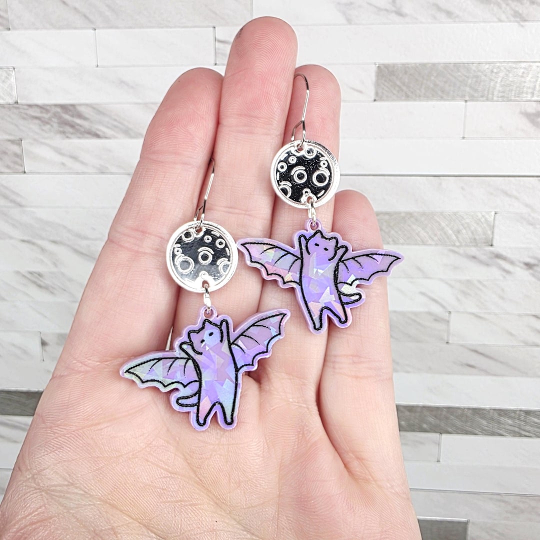 Kawaii Cat Bat Acrylic Earrings: Fun Pastel Goth Halloween Maximalist ...