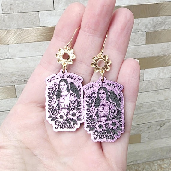 Floral Feminine Rage Acrylic Earrings: Quirky Feminist Statement Jewelry