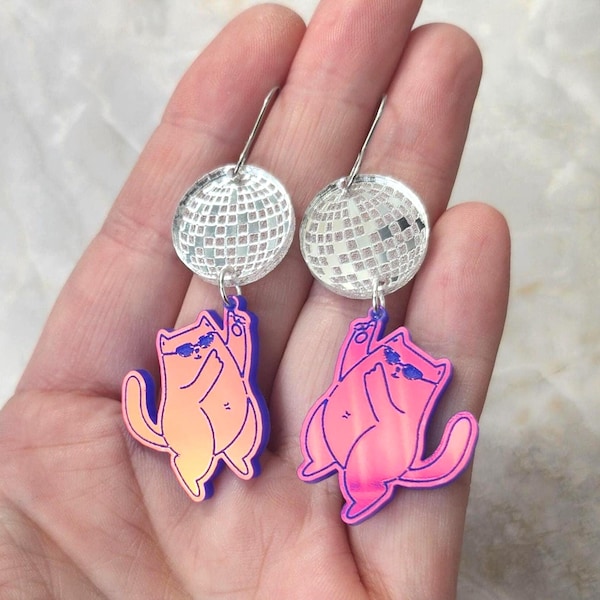 Disco Cat Acrylic Statement Earrings - Funny Unique Gift for Her Birthday Friend