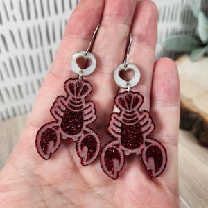 Glitter Lobster Earrings: Laser Cut Acrylic Funny Statement Jewelry
