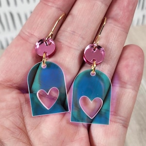 Minimalist Heart Acrylic Earrings | Boho Iridescent Laser Cut Dainty | Cute Handmade Whimsical | Laser Engraved Valentine | Gift for Her