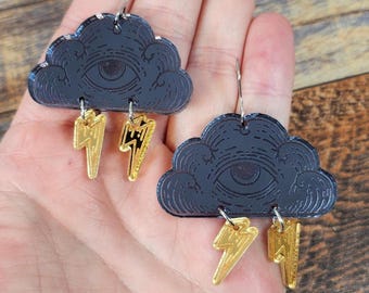 Tattoo Cloud Acrylic Earrings: Celestial Goth Laser Engraved Statement Jewelry