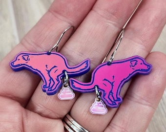 Funny Weird Iridescent Dog Pooping Earrings | Whimsical Fun Laser Cut Acrylic Statement Earrings Laser Engraved Gift for Her | The Original