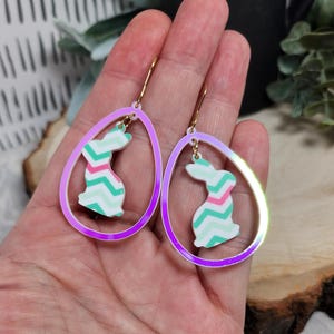 Bunny Easter Egg Earrings: Pastel Acrylic Laser Cut Whimsical Jewelry