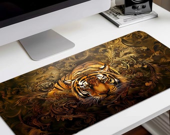 Chinese Tiger Gaming Mouse Pad, Golden Mousepad, Extended Deskmat, Computer Desk Mat, Extra Large Deskpad, Traditional Chinese Design