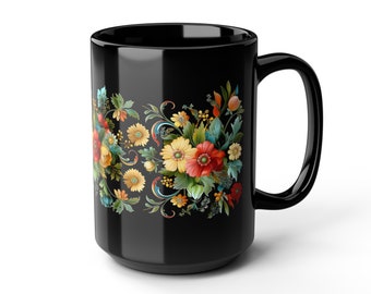 Folk Art Floral Coffee Mug: Fedoskino Style Tea Cup