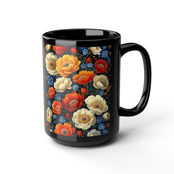 Summer Flowers Coffee Mug, 11oz 15oz, Fedoskino Folk Art Black Ceramic Mug, Федоскино Russian Lacquer Miniature Style Painting Tea Cup Gift