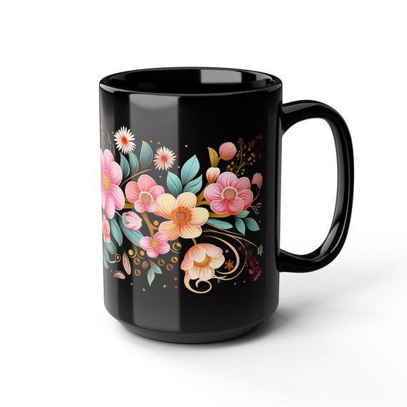 Pink Palekh Flowers Coffee Mug, 11oz 15oz, Russian Lacquer Miniature Style  Tea Cup,  ,