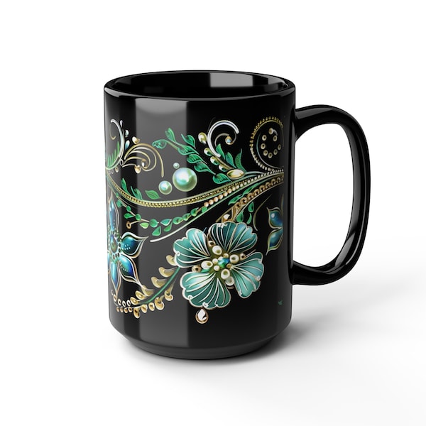 Emeralds & Pearls Coffee Mug, 11oz 15oz, Jewels Pattern Black Ceramic Mug, Hot Tea Cup Gift, Floral Kitchen Decor, Luxury Souvenir