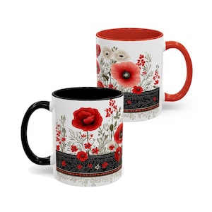 Red Poppies Coffee Mug: Vintage Folk Art French Country Decor
