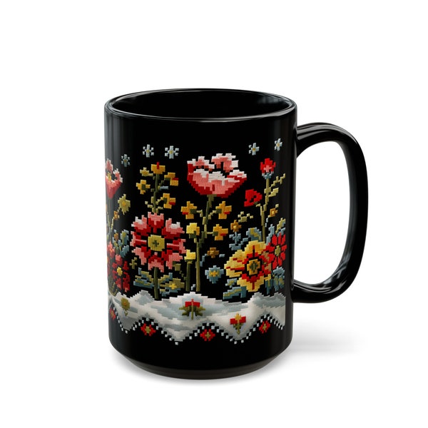 Ukrainian Vyshyvanka Coffee Mug, Black Floral Pixel Art, Folk Gift