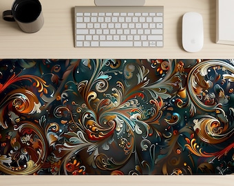 Filigree Gaming Mouse Pad, Floral Mousepad, Medieval Folk Extended Deskmat, Computer Desk Mat, Extra Large Deskpad, Elegant Table Cover