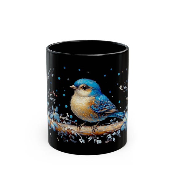 Winter Bluebird Coffee Mug: Black Ceramic Cup with Snowflakes