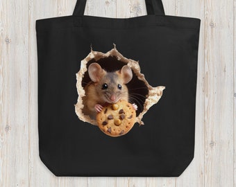 Organic Cotton Eco Tote Bag, Hole in The Wall Shopping Bag, Mouse w/ Cookie Eco-Conscious Shoulder Bag, Funny Gift Bag, Grocery Bag Carryall