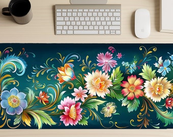 Floral Gaming Mouse Pad, Folk Art Mousepad, Traditional Russian Art Extended Deskmat, Computer Desk Mat, Extra Large Deskpad, Table Cover