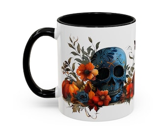 Caneca de café do Dia dos Mortos – Decoração floral com caveiras de açúcar