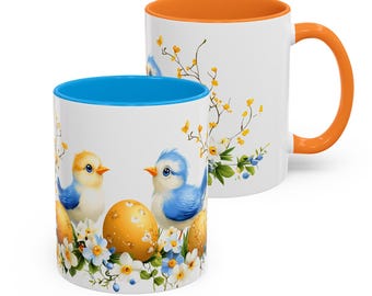 Taza de Pascua: pollitos y huevos, taza de té con color acentuado