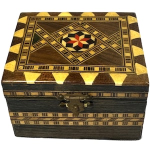 Vintage Moorish Inlaid Wood Jewelry Box- Ring Box- Good Used Condition with Red Velvet Lining