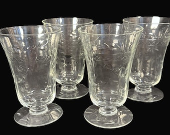 Vintage Etched Glass Goblets Set of 4 – Elegant Floral & Laurel Pattern – Footed Cocktail / Juice Glasses – 1930s–1940s Style