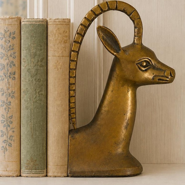 Vintage Brass Bookend Sable Antelope Mid Century Modern Brass Animal Safari Decor Hollywood Regency