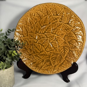 Unique, Vintage Hand-Made Plate with Leaf Pattern, Thick Clay, Mustard Brown Glazed, Very Heavy