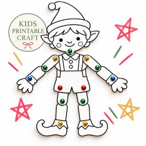 Peut inclure: Un bricolage en papier à imprimer représentant un elfe en noir et blanc avec des articulations mobiles fixées par des attaches parisiennes métalliques colorées. Le motif inclut des étoiles dessinées et le texte KIDS PRINTABLE CRAFT.