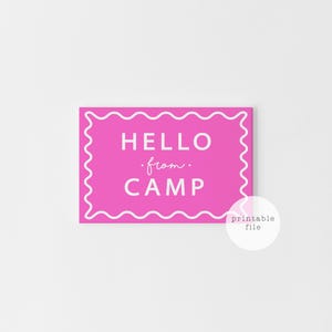 Cartoline rosa di "Ciao dal campeggio", biglietti da visita stampabili per il campeggio estivo per ragazze, posta fai da te divertente per il campeggio, cancelleria per bambini con download immediato