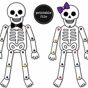 Könnte beinhalten: Zwei weiße Skelettfiguren mit schwarzen Umrissen und Gelenken, die durch bunte metallische Musterklammern verbunden sind. Ein Skelett trägt eine schwarze Fliege, das andere eine violette Haarschleife. Ein schwarzes Abzeichen mit printable file.