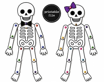 May include: Two white skeleton figures with black outlines and joints connected by colorful metallic brads. One skeleton wears a black bowtie, and the other wears a purple hair bow. A circular black badge with the text printable file is centered.
