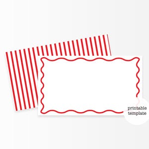 Puede incluir: Dos tarjetas rectangulares blancas con detalles rojos. Una tarjeta tiene un borde rojo ondulado, y la otra tiene rayas verticales rojas y blancas. Un círculo blanco con el texto "printable template" está en la esquina inferior derecha.